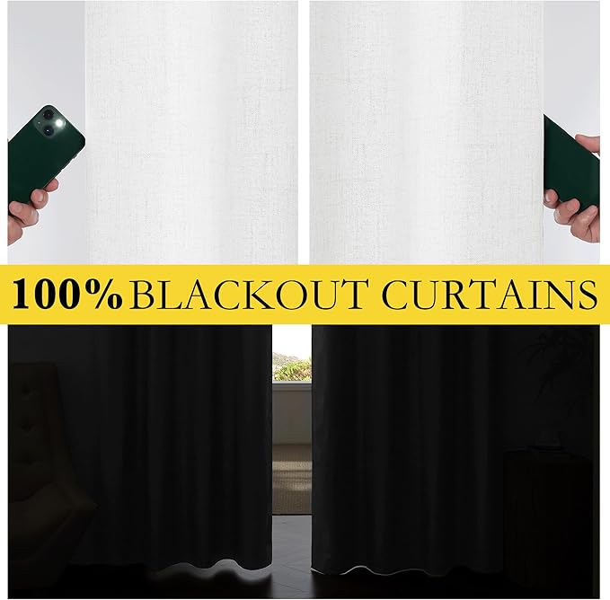NICETOWN 100% Absolutely Blackout Linen Curtains with Thermal Insulated Liner, Greyish White, 52" Wide, 102" Length Energy Saving Curtains for Living Room 2 Panels Set, Vertical Blinds