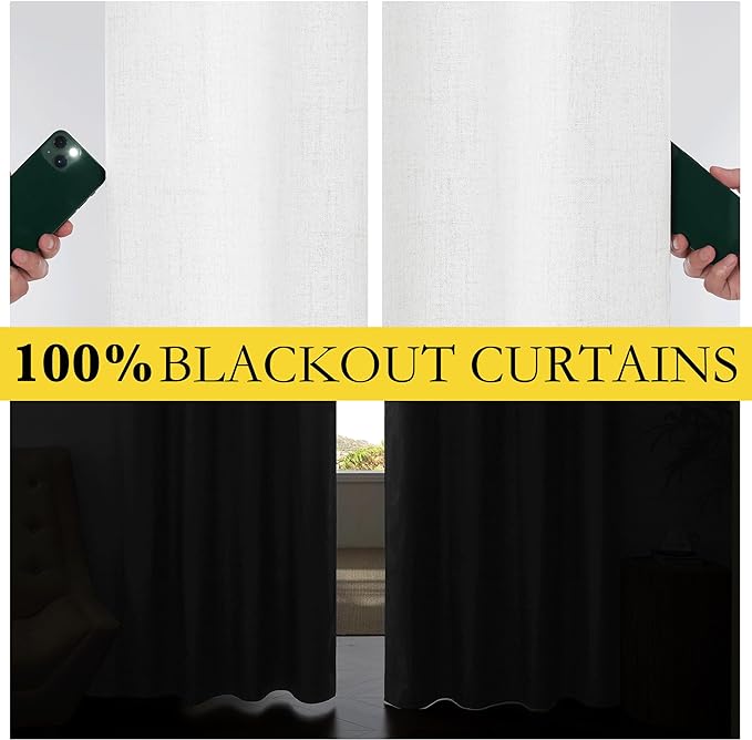 NICETOWN 100% Absolutely Blackout Linen Curtains with Thermal Insulated Liner, Greyish White, 62" Wide, 102" Length Energy Saving Curtains for Living Room 2 Panels Set, Vertical Blinds