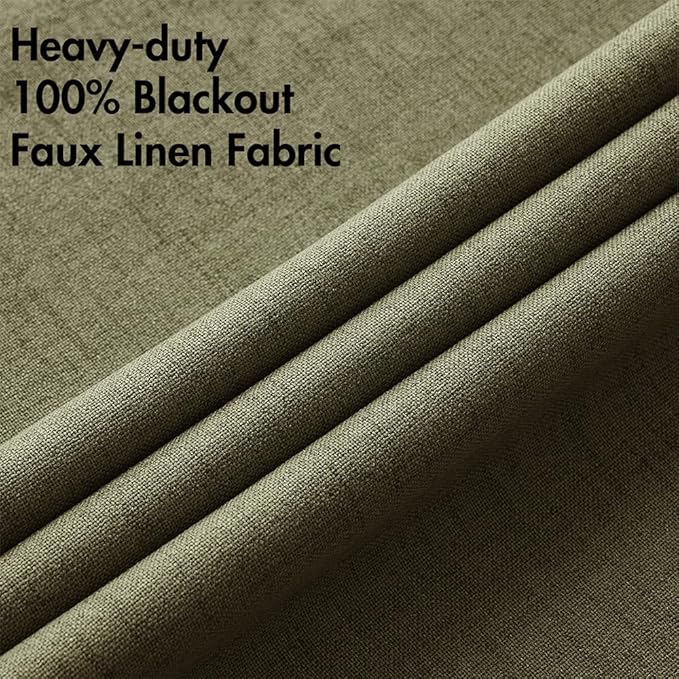 MIULEE Linen Texture Curtains for Bedroom Solid 100% Blackout Thermal Insulated Light Olive Green Curtains Grommet Room Darkening Drapes for Living Room Nursery 52x96 Inch (2 Panels)
