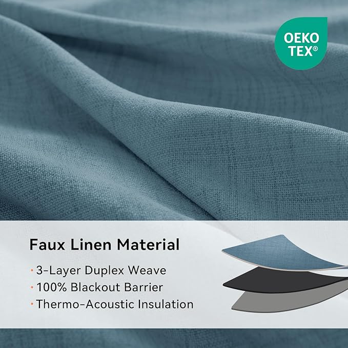 100% Blackout Shield Linen Blackout Curtains for Bedroom, Stone Blue Grommet Curtains for Living Room, Thermal Insulated Room Darkening Drapes for Nursery, Boho Home Decor, 50" W x 72" L, 2 Panels
