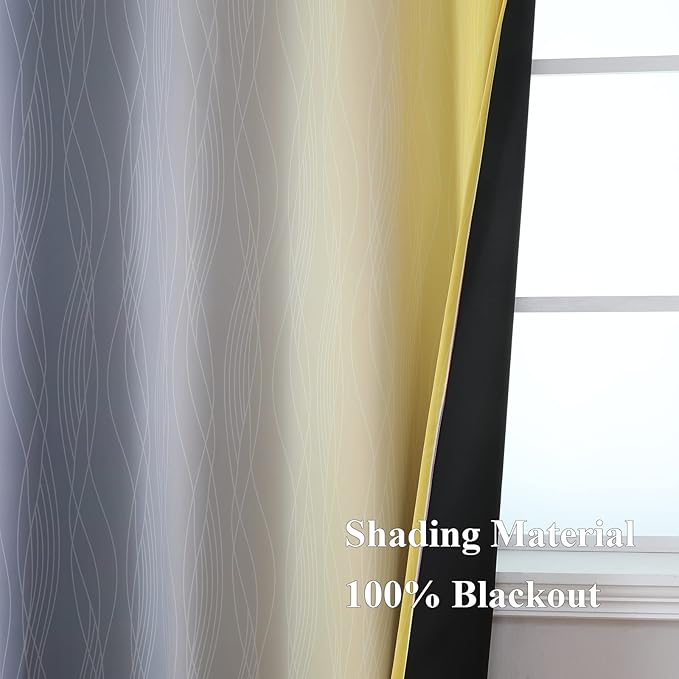 Estelar Textiler Yellow and Grey Ombre Blackout Curtains 90 Inch Length 2 Panels Set, Thermal Insulated Drapes for Bedroom, Full Room Darkening Grommet Gradient Curtains for Living Room,52Wx90L
