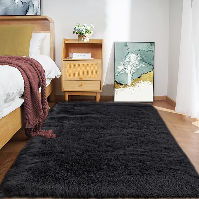 Goolela Black Fluffy Rug 4x6 Fuzzy Furry Shag Rug for Bedroom Living Room Faux Sheepskin Fur Area Carpet Rectangle