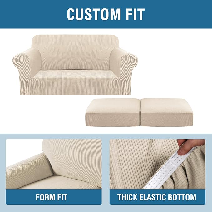 H.VERSAILTEX 3 Piece Stretch Sofa Covers for 2 Cushion Loveseat Couch Covers for Living Room Sofa Slipcovers (Base Cover Plus 2 Seat Cushion Covers) Thicker Jacquard Fabric(Medium Sofa, Natural)