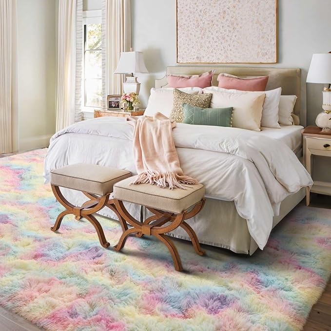 4x6 Ft Shag Kids Colorful Rugs for Bedroom, Ultra Soft Fluffy Furry Area Rugs for Nursery Living Room Indoor Floor, Aesthetic Carpet Home Decor (Rainbow)
