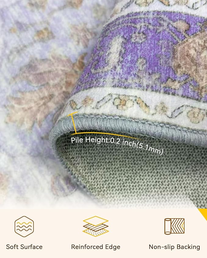 Area Rugs 4'x6' Washable Non-Slip, Floral Vintage Distress Print Pattern Medallion Carpet for Living Room Bedroom Dining Room, Light Purple Brown