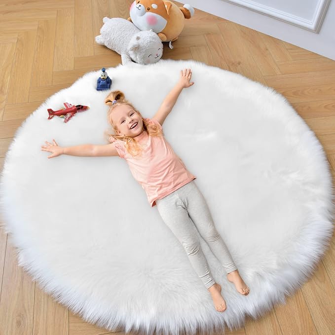duduta White Faux Sheepskin Round Rug 4x4 ft, Fluffy Shag Fur Bedroom Nursery Kids Playroom Rug Dorm Decor Non Slip Washable