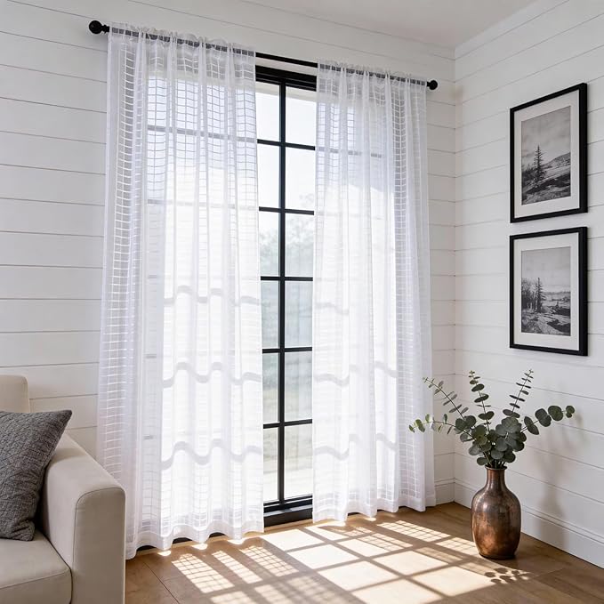 SpaceDresser Check Sheer Curtains 63 Inches Long for Living Room, Rod Pocket Plaid Semi Sheer Drapes for Kitchen Bedroom（White, 52W x 63L）