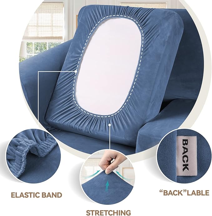 WEERRW Velvet Stretch Chair Sofa Slipcover - 2 Pieces Luxury Soft Velvet Plush Couch Cover Furniture Protector with Elastic Bottom for Pets, Machine Washable, Light Blue, Small
