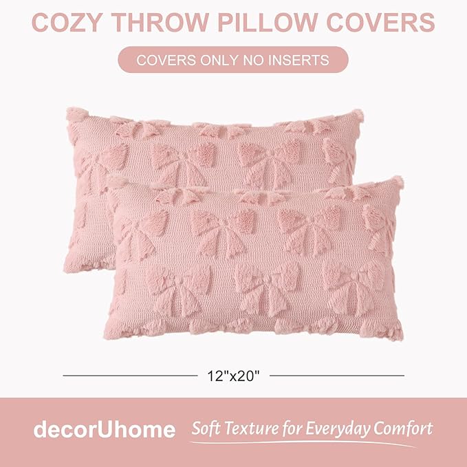decorUhome Pink Bow Pillow Covers Set of 2 Coquette Aesthetic Cute Preppy Plush Faux Pillowcases for Girly Bedroom or Couch 12x20 Inch