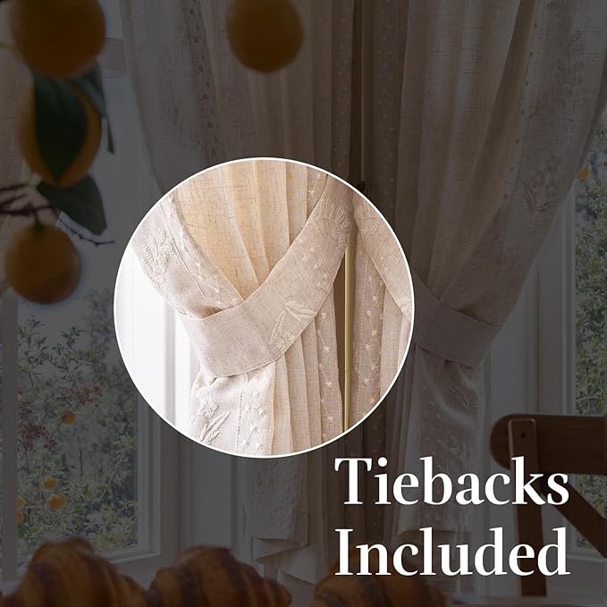jinchan Belrose Linen Floral Cafe Curtains 45 Inch Length Embroidered Farmhouse Curtains for Kitchen Bedroom Bathroom Small Windows Curtain Set Light Filtering 2 Panels Ivory