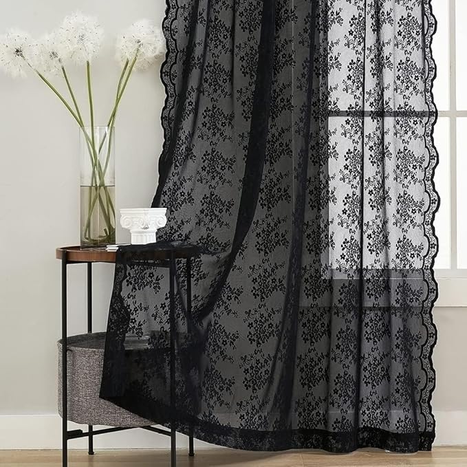 YJ YANJUN Vintage Lace Curtains 90 Inches Long- Victorian Floral Pattern Black Sheer Curtain Panels for Living Room Bedroom,Light Filtering, Gothic Witchy Halloween Drapes 2 Panels 52W x 90L