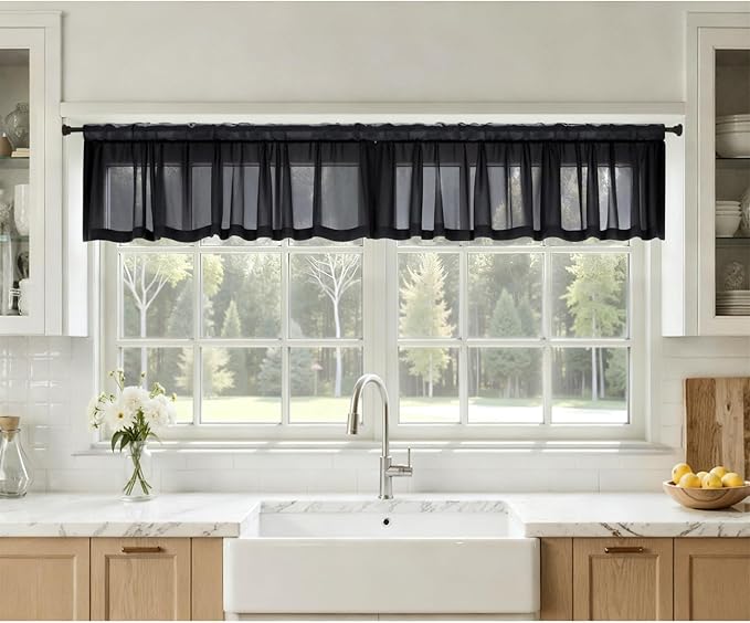 MIULEE Black Valance for Windows, 4 Panels Set, Light Filtering Small Short Valance Sheer Curtains for Living Room/Bedroom/Bathroom/Basement, 42W x 14 Inches