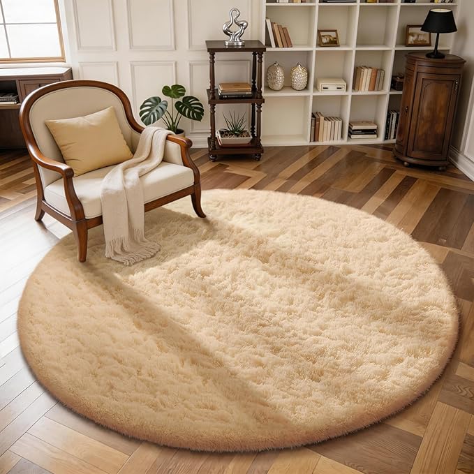 Ophanie Round Rug 4Ft Beige Circle Area Rug, Fluffy Fuzzy Small Bedroom Carpet, Plush Soft Shaggy Floor Living Room Circular Christmas Decor for Kids Boys Girls Home Aesthetic, Nursery, Classroom