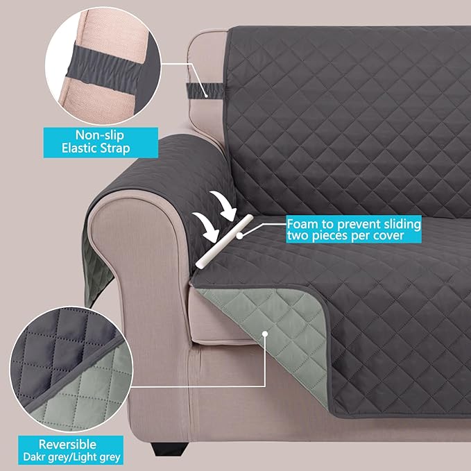 U-NICE HOME Loveseat Sofa Cover Reversible Couch Cover for Dogs with Elastic Straps Water Resistant Furniture Protector for Pets Couch Cover for 2 Cushion Couch (Loveseat, Dark Grey/Light Grey)