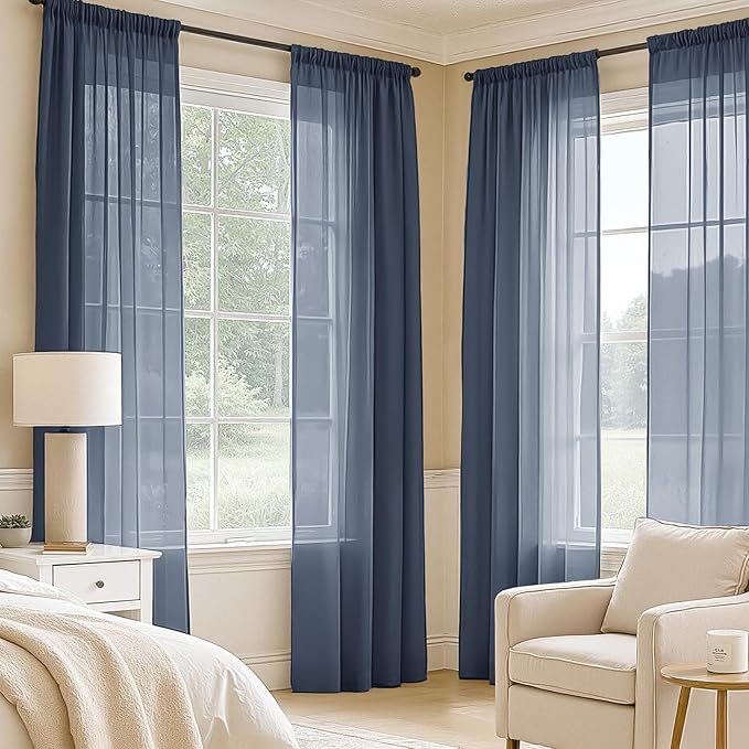 MIULEE Navy Blue Sheer Curtains 108 Inches Long, 4 Panels Set, Light Filtering Rod Pocket Voile Drapes Window Treatments, Semi Transparent Airy Fabric for Bedroom and Living Room, 54 x 108 Inches