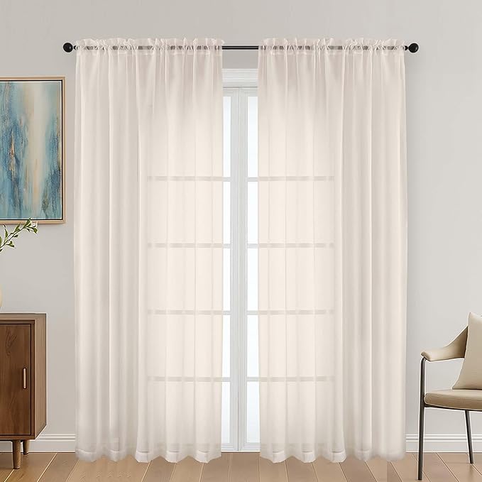 OVZME Cream Sheer Curtains 72 Inches Long 2 Panels Set, Light Filtering Sheer Curtains for Living Room Bedroom 59 Inch Extra Wide, Modern Voile Filmy Rod Pocket Window Drapes, 59Wx72L Inches