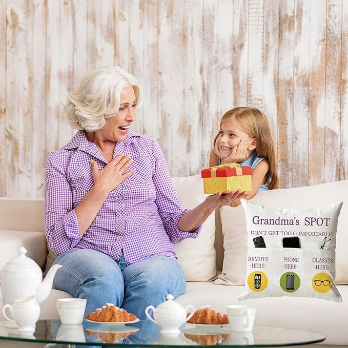 ONFAON Grandma Gifts, Grandma's Spot Throw Pillow Covers 18x18 Inch,Put Phone Glasses and Remote Control Pillowcase,Birthday Christmas Thanksgiving Day Gifts for Grandma Mom,3-Pocket
