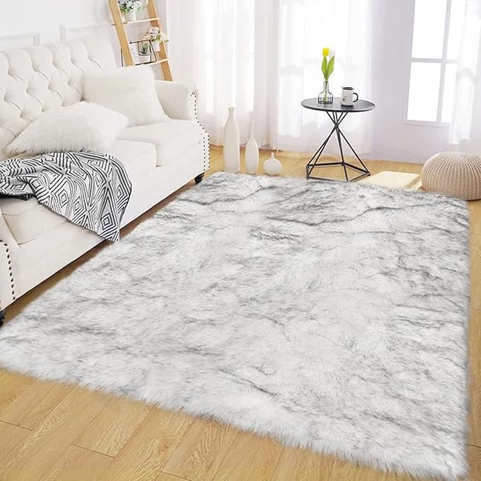 Latepis Area Rugs 9x12 Living Room Alfombras para Salas White with Grey Tips Faux Sheepskin Fur Rug for Bedroom Entertainment Room Home Décor, Rectangle