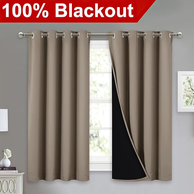 NICETOWN 100% Blackout Curtains with Black Liners, Thermal Insulated Full Blackout 2-Layer Lined Drapes, Noise Cancellation Window Draperies for Dining Room (Taupe, 2 Panels, 52-inch W by 54-inch L)