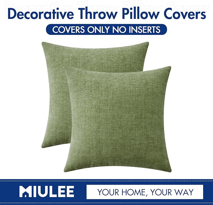 MIULEE Pack of 2 Couch Throw Pillow Covers 20x20 Inch Spring Soft Sage Green Chenille Pillow Covers for Sofa Living Room Solid Dyed Pillow Cases