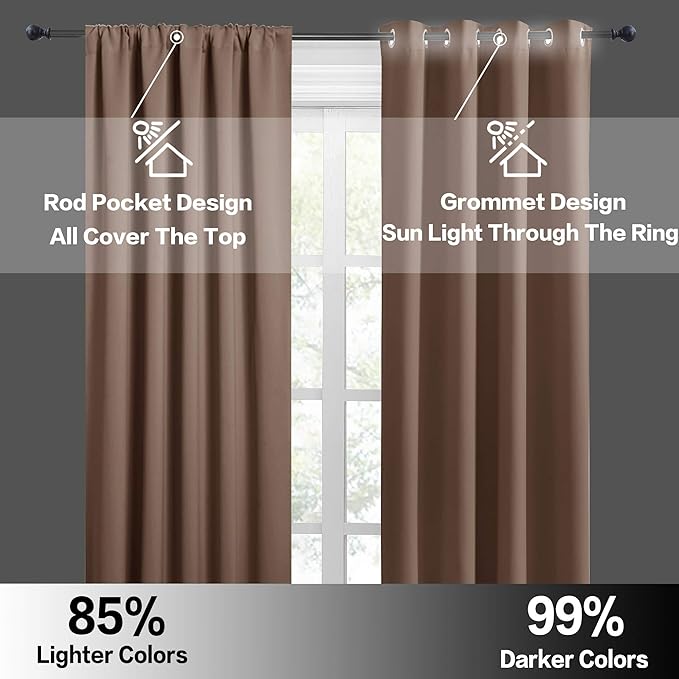RYB HOME Blackout Privacy Bathroom Window Curtains, Short Thermal Insulated Heat Blocking Privacy Rod Pocket Half Window Curtain Tiers for Nursery Bedroom, Width 42 by Length 30, Mocha, 2 Panels