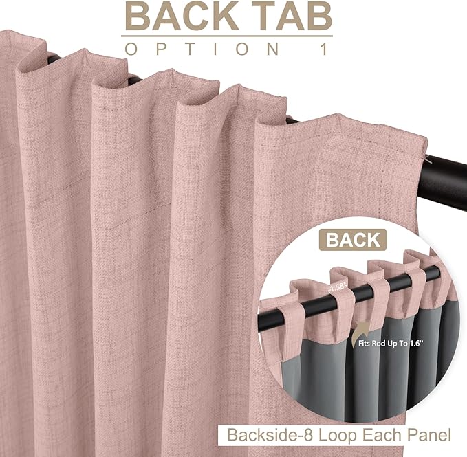 100% Blackout Shield Blush Linen Blackout Curtains for Bedroom 96 Inches Long, Back Tab/Rod Pocket Living Room Drapes, Thermal Insulated Blackout Curtains 2 Panels Set, 50" W x 96" L