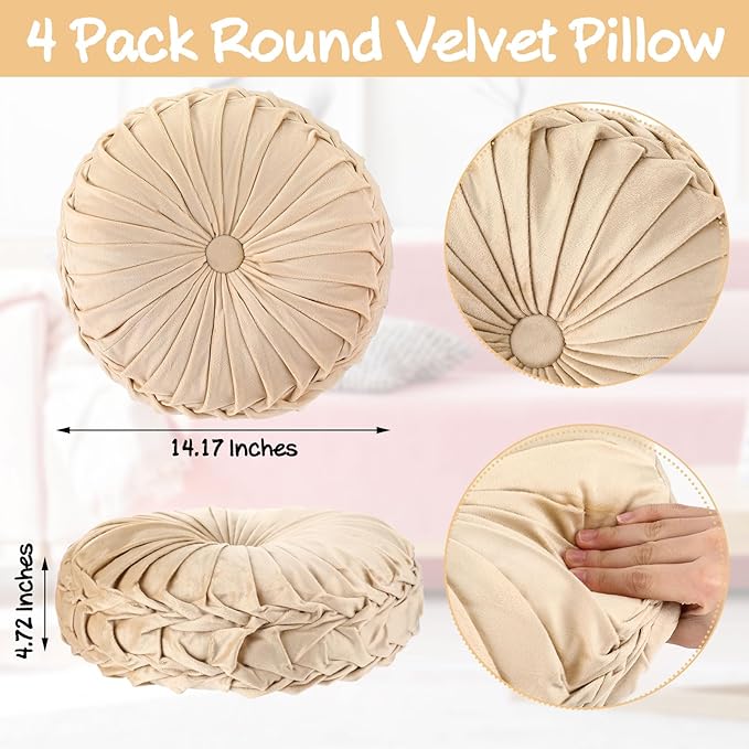 Kathfly Set of 4 Decorative Round Pleated Throw Pillows, Classy Velvet Pumpkin Round Throw Pillows, Decorative Floor Pillow for Bed Chair Home Sofa Decor, 14" Diameter(Multicolor)