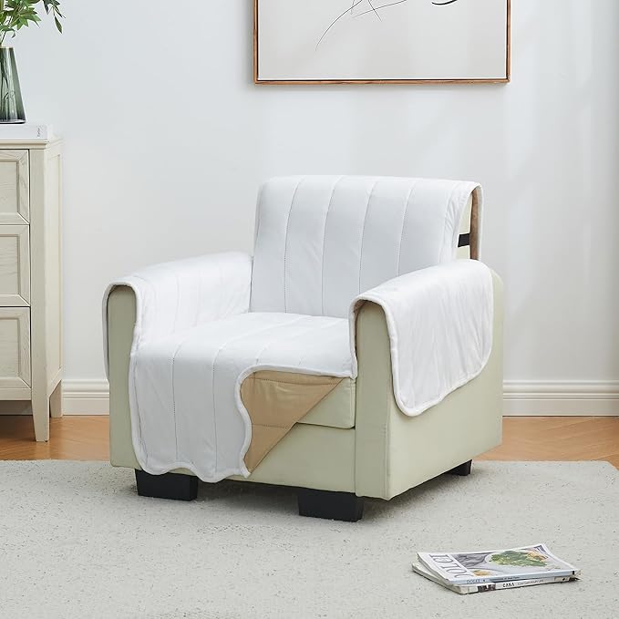 Great Bay Home Velvet Chair Cover - Washable Slipcover Furniture Protector with Elastic Straps - Furniture Cover for Dogs, Kids, and Pets - Stitched Detail (White)