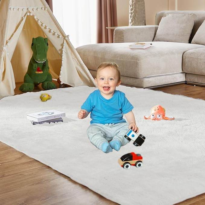 Large Area Rugs for Living Room, Super Luxury Soft Fluffy Modern Bedroom Rug, Big Indoor Thick Soft Nursery Rug, Non-Skid Nursery Faux Fur Carpet for Kids Room Home Décor, 6x9 Feet Cream White