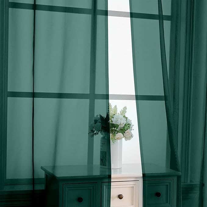 OVZME Hunter Green Sheer Curtains 96 Inches Long 2 Panels - Soft Light Filtering Window Sheer Panels for Living Room/Bedroom, Top Dual Rod Pocket, 1 Pair, Each 42Wx96L Inches