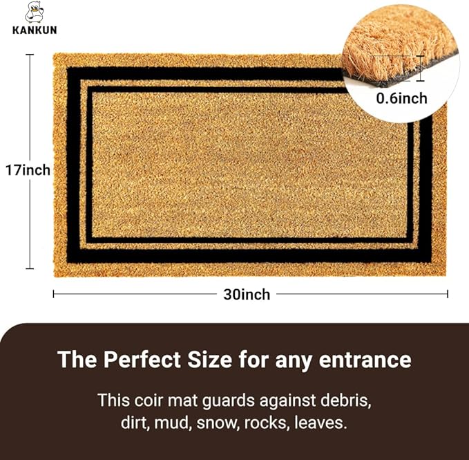 KANKUN Coco Coir Door Mat with Heavy Duty Backing, Welcome Doormat (17" x 30"), Doormat Entrance (Border)