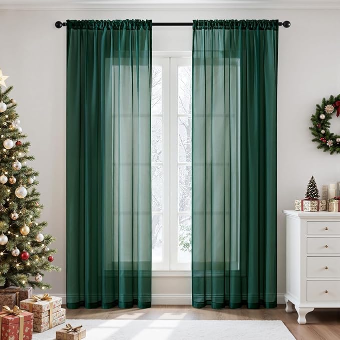 MIULEE 2 Panels Christmas Solid Color Sheer Window Curtains Elegant Window Voile Panels/Drapes/Treatment for Bedroom Living Room (54X96 Inches Hunter Green)