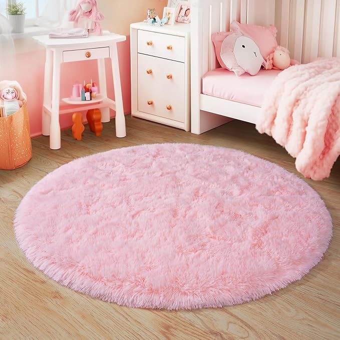 3'x3' Round Pink Rugs for Girls Bedroom, Ultra Soft Fluffy Circle Rug for Kids Room, Cute Small Shag Rugs for Living Room Playroom Tent Castle Home Decor Rug
