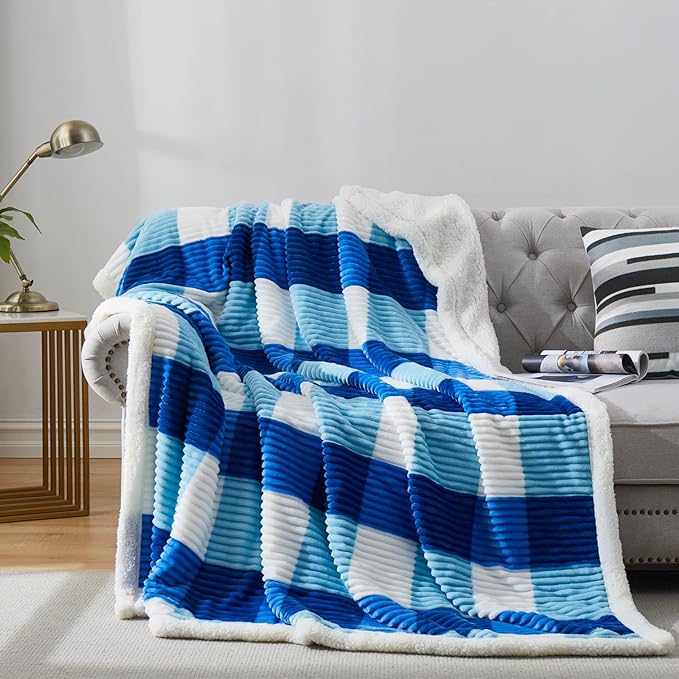 PU MEI Sherpa Blanket Twin Plaid Thick Bed Blanket, 90”*80” Super Soft Flannel Fuzzy Fleece Reversible Velvet Plush Warm Blanket for Couch(Blue Check, 80"*90")