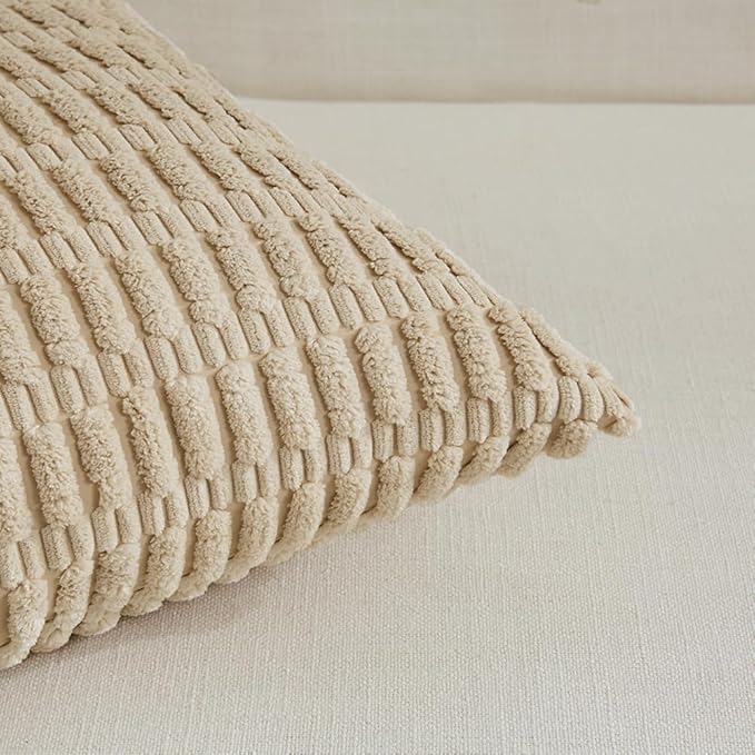 Fancy Homi 4 Packs Tan Decorative Throw Pillow Covers 16x24 Inch for Living Room Couch Bed Sofa, Beige Rustic Farmhouse Boho Home Decor, Soft Plush Striped Corduroy Square Cushion Case 40x60 cm