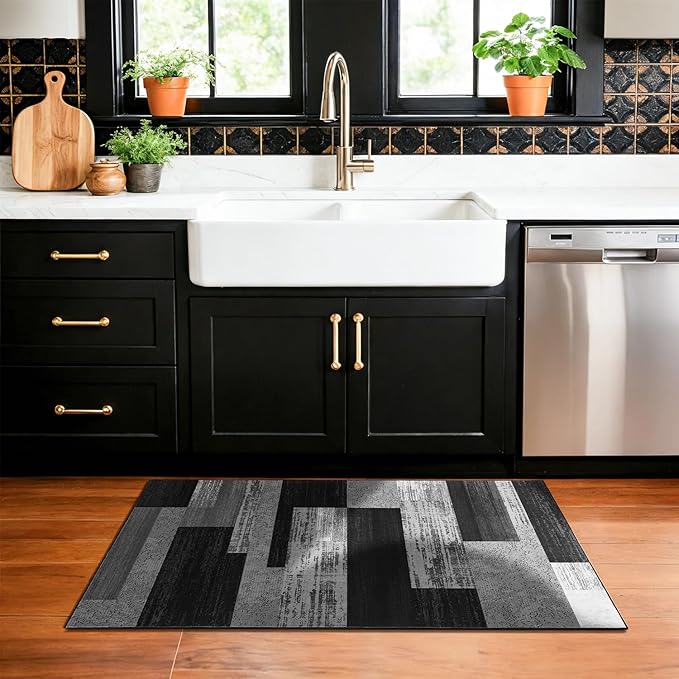 LIANLAM 2x3 Washable Entryway Rug,Non-Slip Indoor Door Mat with Vintage Checkered Pattern, Stain & Water Resistant Faux Wool Low Pile for Front Door,Hall,Kitchen,Bathroom - Easy Clean(2x3,Gray)