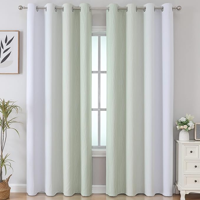 Estelar Textiler Blackout Curtains 102 Inches Long 2 Panels for Living Room, Sage Green and Greyish White Thermal Insulated Full Light Blocking Ombre Grommet Drapes for Bedroom, 52Wx102L