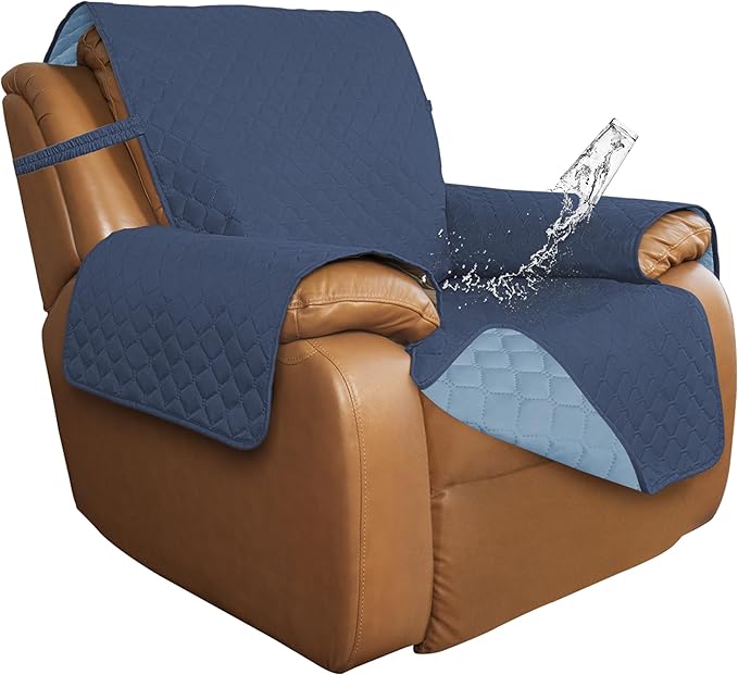 ISSUNTEX Double Protection 100% Waterproof Recliner Covers for Living Room, Reversible Furniture Protector Recliner Couch Sofa Slipcover for Dogs, Pets, Kids (Oversized Recliner, Dark Blue/Light Blue)