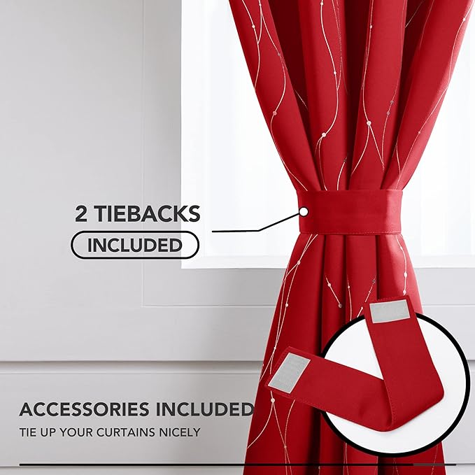 Deconovo Blackout Curtains, Christmas Red Curtain, Thermal Insulated Noise‑Reduced Drapes, Wave Line Dot Foil Print, 52 x 108 Inch Long, 2 Panels, Machine‑Washable Window Curtain for Party Living Room