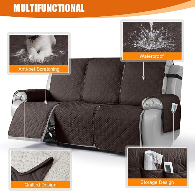 VANSOFY Waterproof Recliner Couch Covers, Sofa Covers 1-Piece Washable Reclining Sofa Cover Non-Slip Furniture Protector with Elastic Straps Pocket for Dogs, Pets(Chocolate,3 Seater)