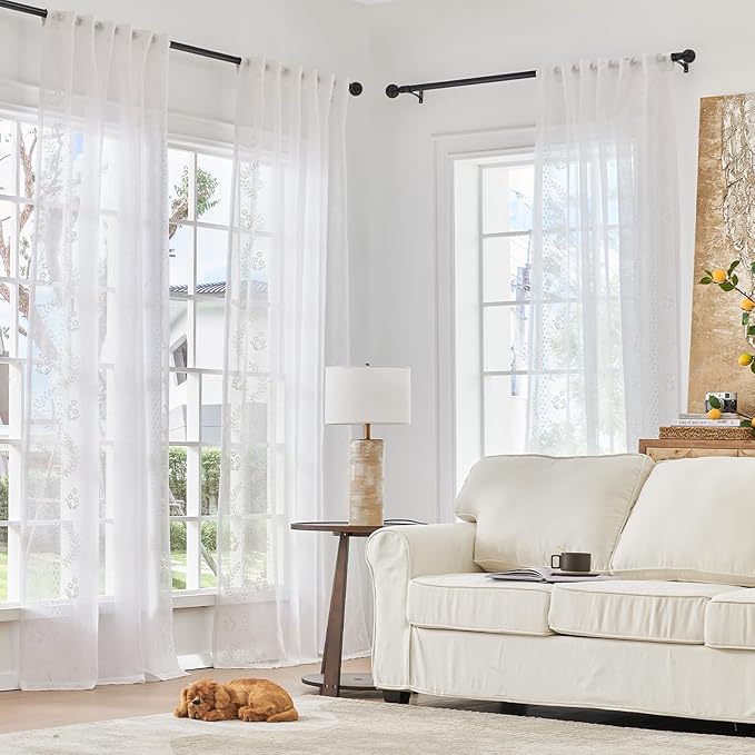 jinchan Belrose Linen Sheer Curtains for Living Room 96 Inch Length Sheer Voile Embroidered Floral Curtains for Bedroom Light Filtering Rod Pocket Window Treatments Farmhouse Decor 2 Panels White