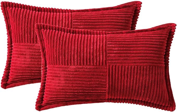 MIULEE Decorative Lumbar Throw Pillow Covers for Couch Bed Livingroom 12x20 Inch Set of 2 Red Boho Accent Throw Pllows Broadside Striped Patchwork Soft Corduroy Pillowcases