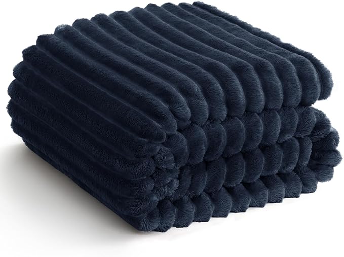 HIMEET Navy Blue Ribbed Throw Blanket for Couch - 300GSM Lightweight Soft Fleece Blanket for Women Men, Cozy Blankets for Mothers Gifts, Striped Spring Home Room Decor, Navy Blue, 50x60 Inches