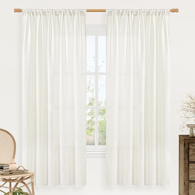 LAMIT Natural Linen Curtains 72 inch Length for Bedroom, Faux Linen Textured Light Filtering Drapes Rod Pocket Boho Window Treatment Panels for Farmhouse/Living Room, 2 Panels, 52 x 72 Inch