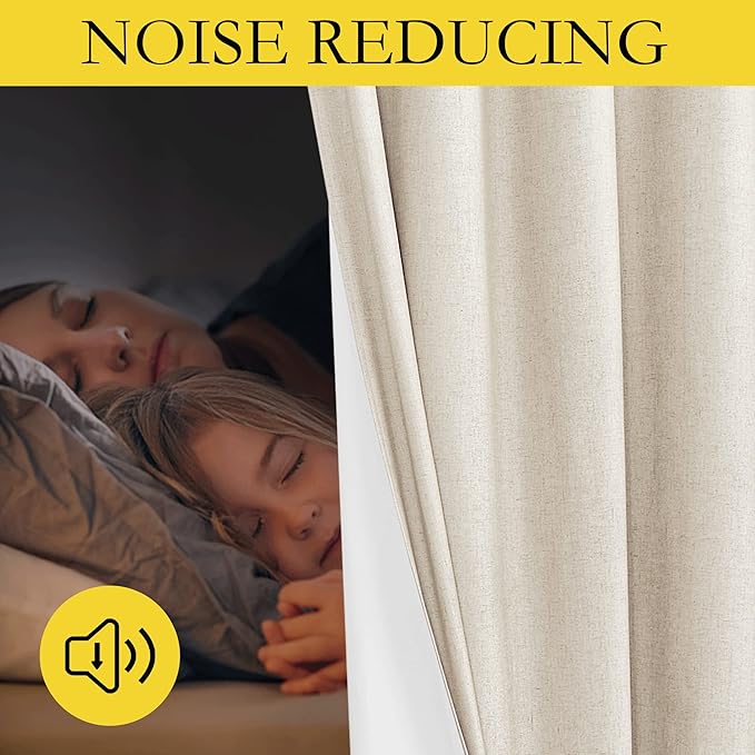 NICETOWN 100% Absolutely Blackout Linen Curtains with Thermal Insulated White Liner, Beige, W62, 2 Pieces, Noise Reducing Textured Linen Look Curtains for Windows 120 inch Length for Classroom