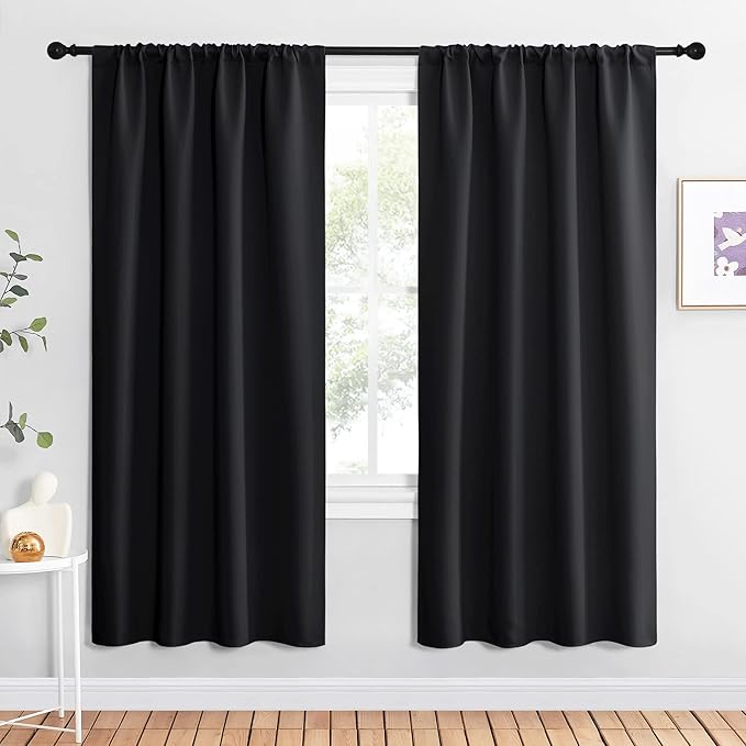 NICETOWN Living Room Blackout Shades - All Season Rod Pocket Thermal Insulated Solid Blackout Curtains/Drapes for Living Room (Set of 2, 42 inches by 72 Inch, Black)