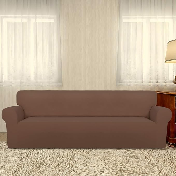 PureFit Super Stretch 4 Seater Sofa Slipcover – Spandex Non Slip Soft Couch Sofa Cover, Washable Furniture Protector with Non Skid Foam and Elastic Bottom for Kids, Pets （XX Large, Brown）