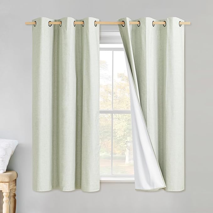 NICETOWN Sage Green Linen Blackout Curtains for Night Shift, Great Job, Set of 2, 42" by 54", Short Kitchen Burlap Linen 100% Blackout Drape Panels with Bronze Grommets for Blocking Light