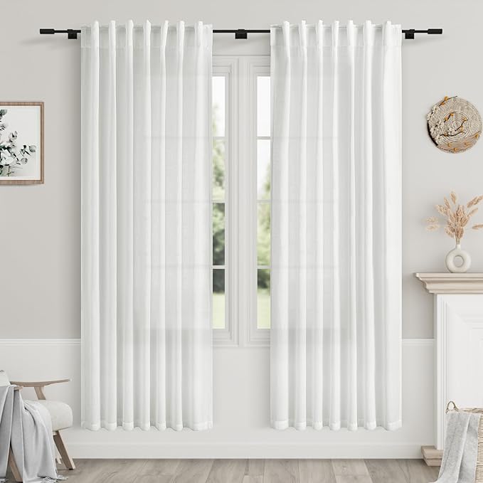 White Semi Sheer Linen Curtains 72 inch Length for Living Room Back Tab Rod Pocket Modern Farmhouse Coastal Decor Off White Cotton Textured Gauze Curtains 72 inches Long for Dining Room Office