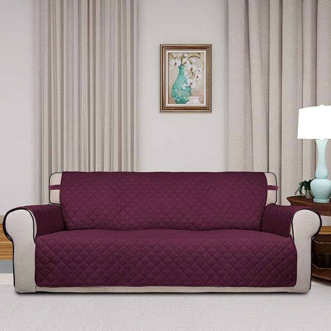 PureFit Reversible Quilted Sofa Cover, Water Resistant Slipcover Furniture Protector, Washable Couch Cover with Non Slip and Elastic Straps for Kids, Dogs, Pets (Sofa, Wine/Beige)